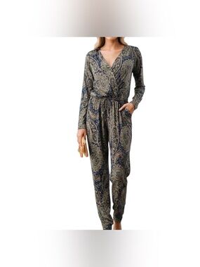 Veronica M Black Jumpsuit with Cream Linear Print S